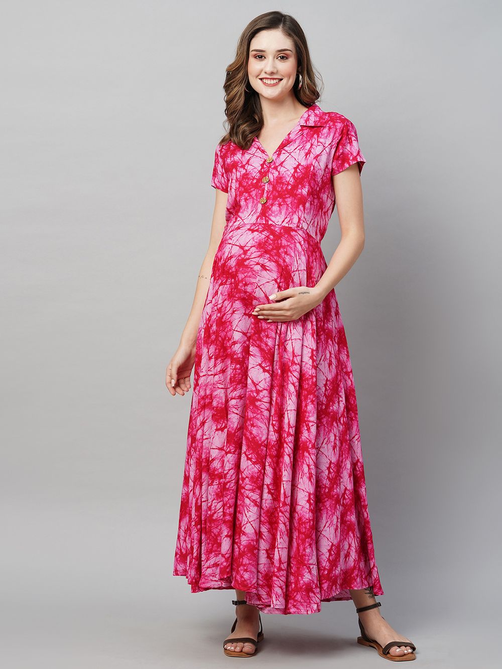 TUMMY - Women's Rayon Maternity & Nursing Dress - Pink