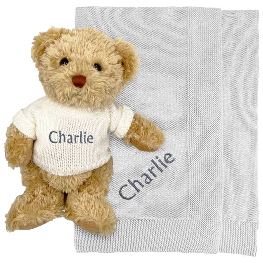 Babyblooms - Personalised Bertie Bear With Blanket - Grey - 2 Pcs