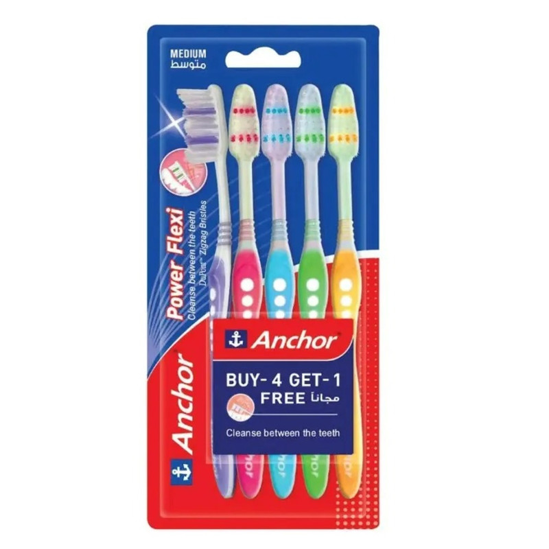 Anchor - Power Flexi Medium Bristles Toothbrush - 4 + 1 Free