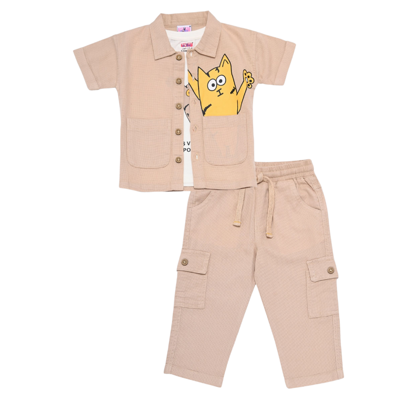 سمارت بيبي - طقم قميص مع تيشيرت وبنطال للأولاد - بيج محايد