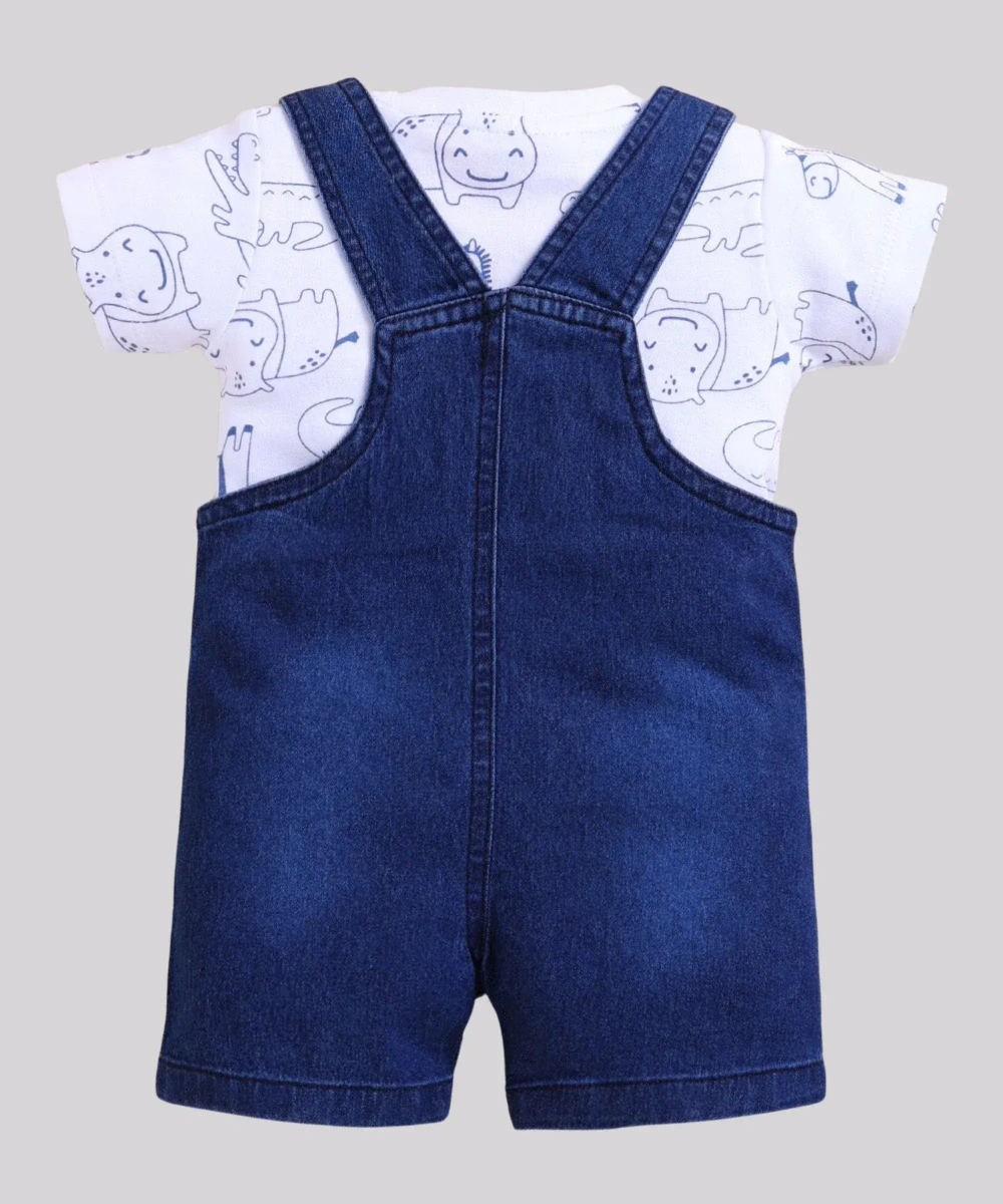 Wonderchild - 2pc-Set - Baby Boy's T-Shirt With Denim Dungaree - White/Dark Blue