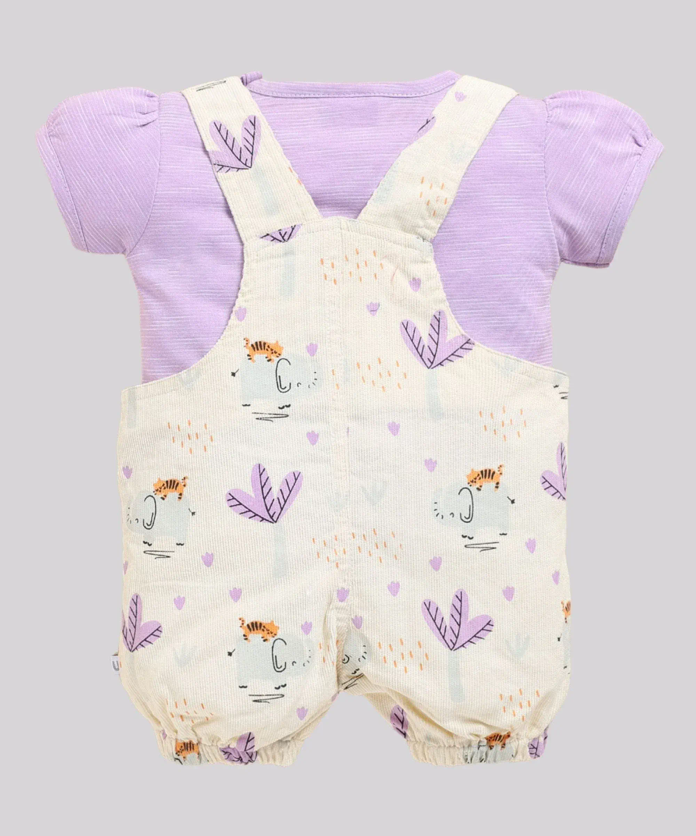 Wonderchild - 2pc-Set - Baby Girl's Top With Printed Dungaree - Purple/Cream