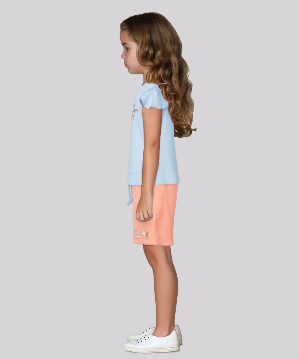 Genius - 2pc-Set - Girl's Printed T-Shirt & Bermuda Shorts - Sky Blue/Pink