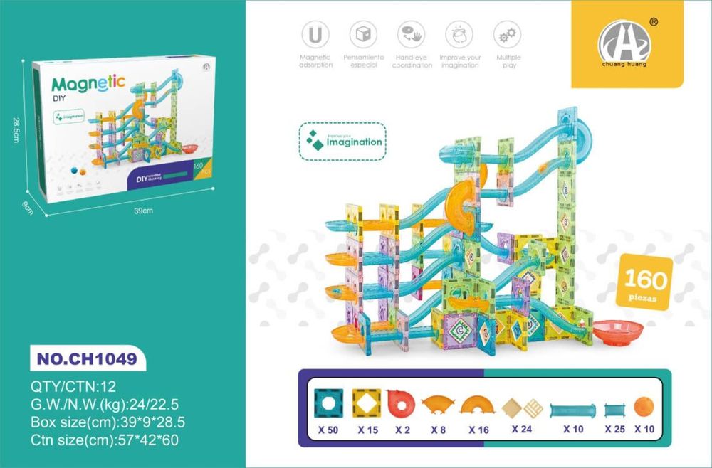 BTT Toys - 3D Blocks Magnetic Marble Run Track Set 5.5cm -  160pcs