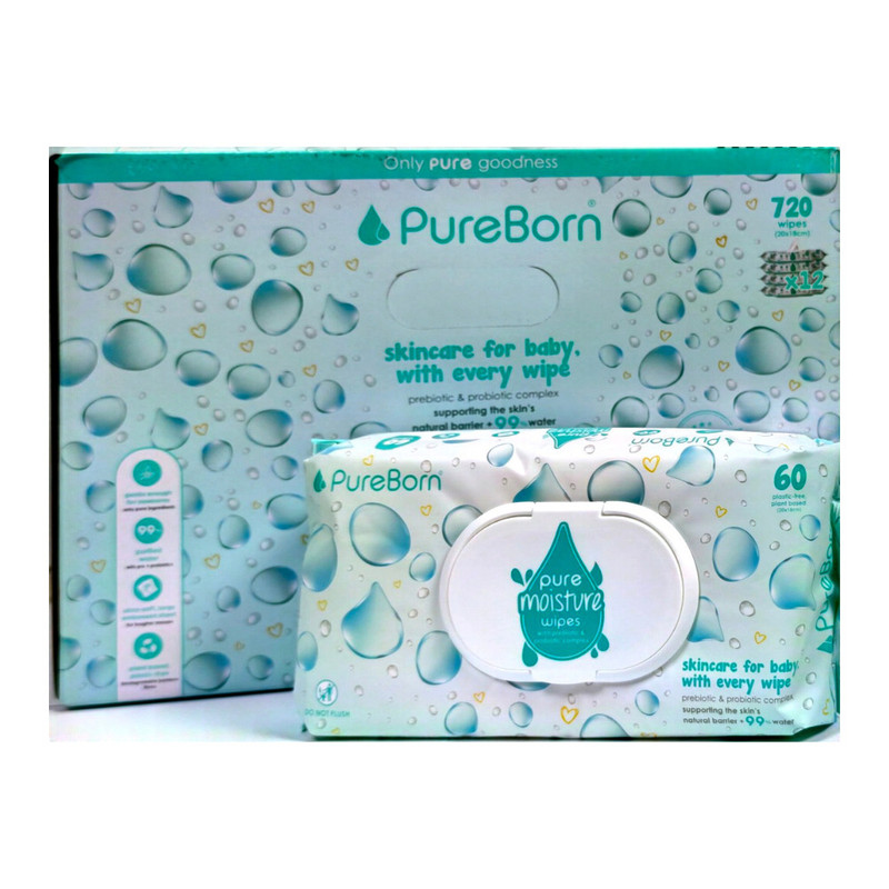 Pureborn - Pure Moisture Water Wipes - Pack of 12 - 720 Pcs