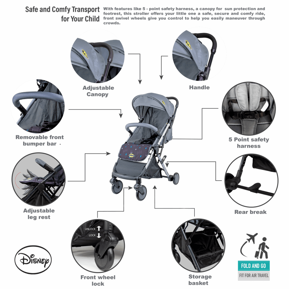 Disney - Warner Bros Batman Baby/kids Travel Stroller - Compact Foldable Design - Grey