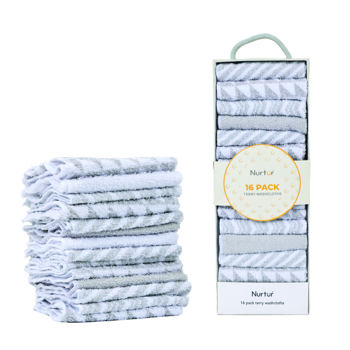 Nurtur Cozi - Baby Wash Cloths - Pack of 16 - Grey/White