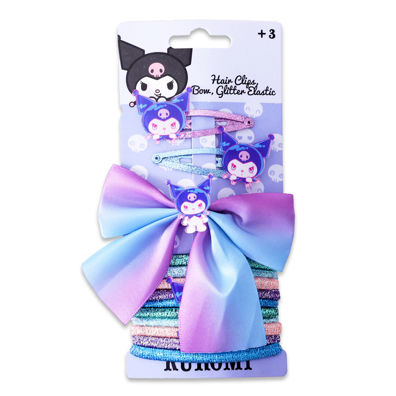 Sanrio - Kuromi - 2 Hair Clips - 1bow - 10 Glitter Elastic
