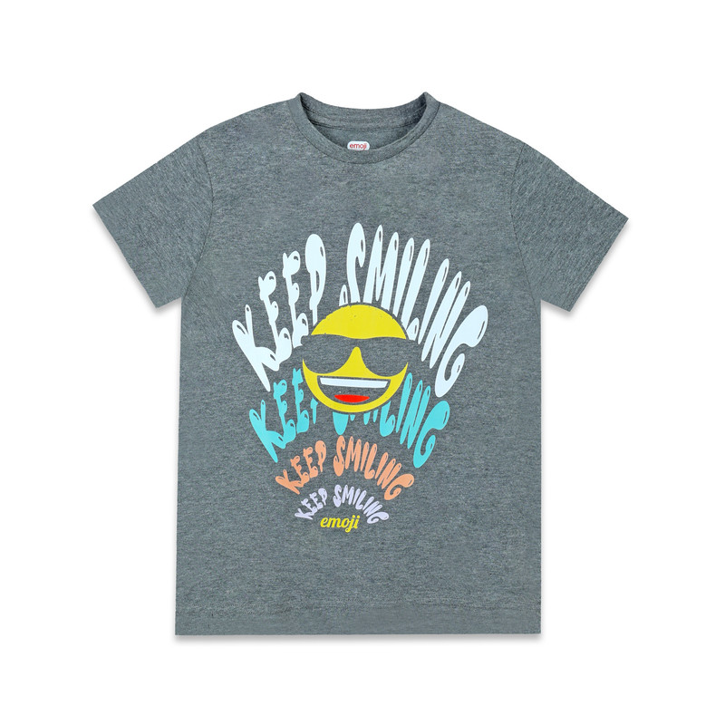 إيموجي - تي شيرت أولاد بأكمام قصيرة مطبوع ابتسم دائماً - رمادي غامق