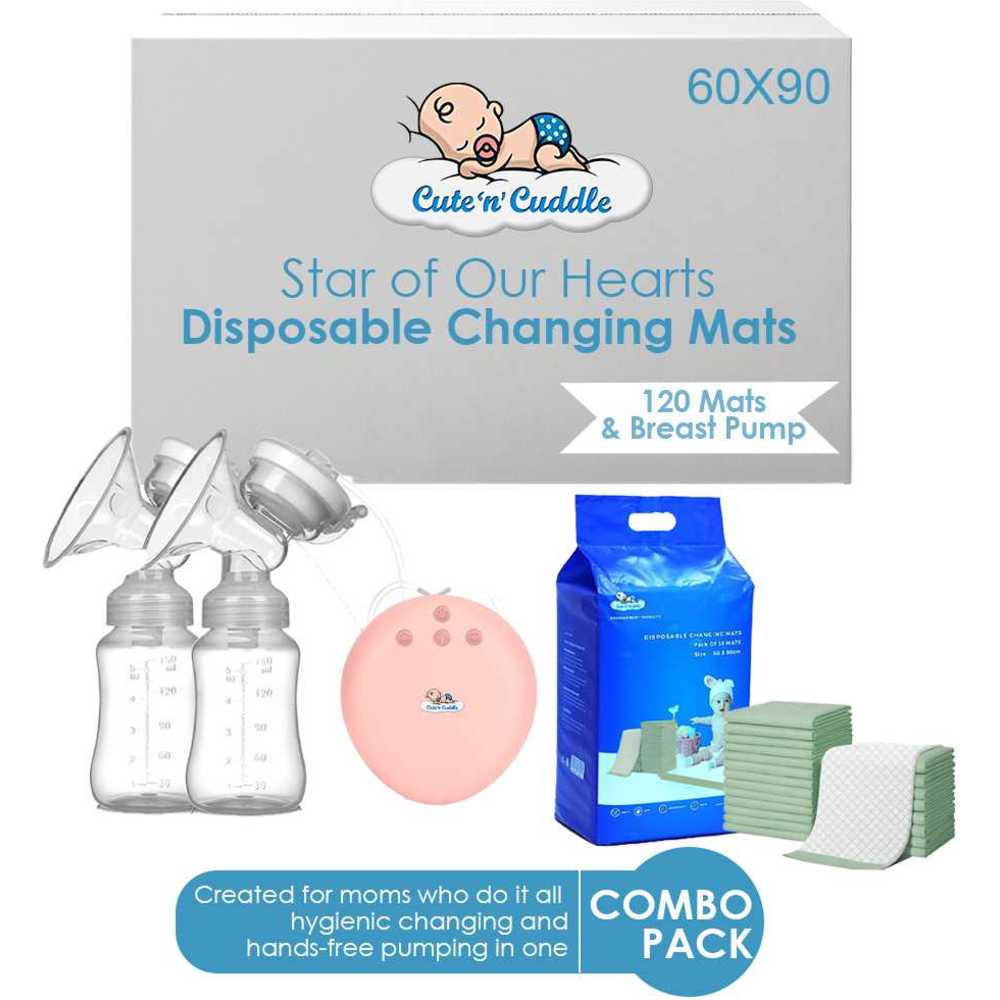 مضخة ثدي كهربائية مزدوجة مع سجادات تغيير حفاضات للأطفال للاستخدام مرة واحدة - Cute 'n' Cuddle