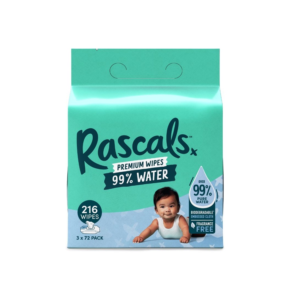 Rascals Premium Water Wipes - 3 x 72 Ply - Pack Of 3