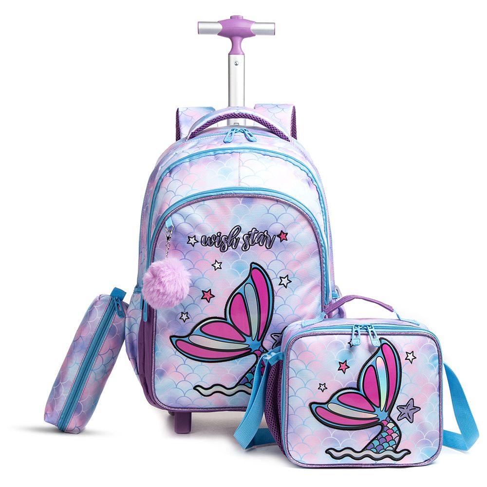 Eazy Kids - Personalized Trolley School Bag With Lunch Bag and Pencil Case - Mermaid - 3 Pcs