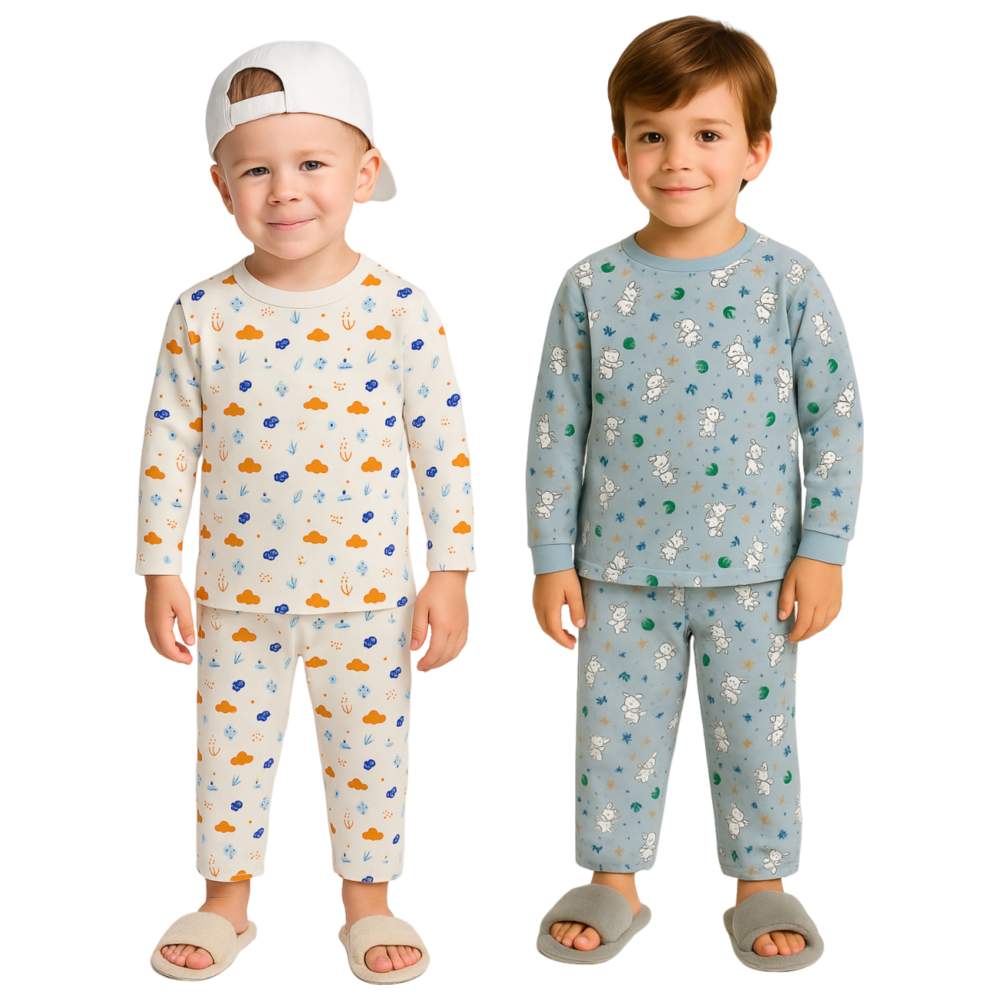 لؤي - طقم تي شيرت مطبوع مع بنطال - أبيض/أزرق - 4 قطع