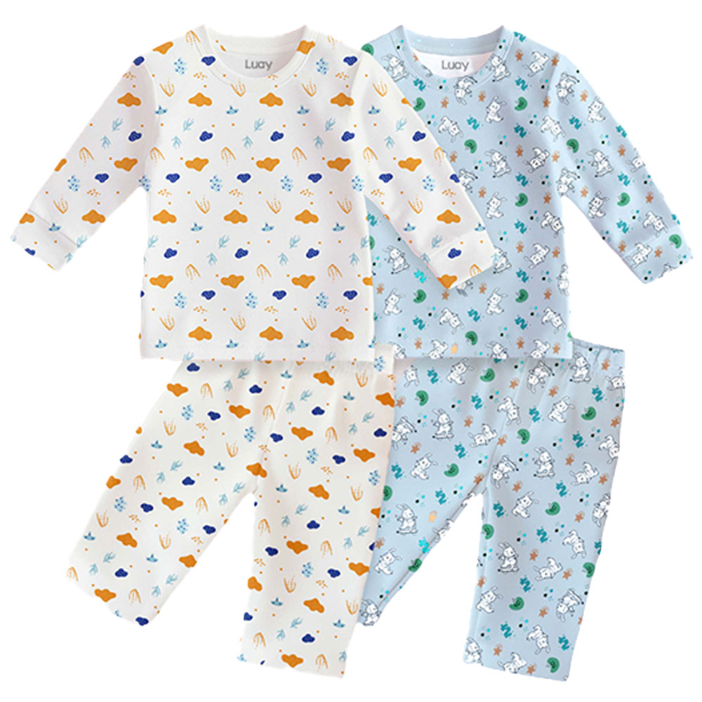 لؤي - طقم تي شيرت مطبوع مع بنطال - أبيض/أزرق - 4 قطع