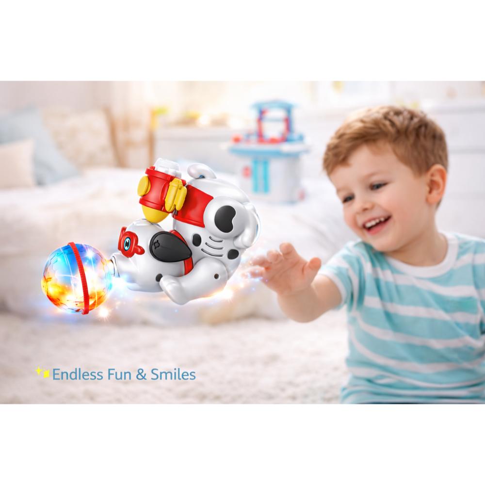 أوربان توتس - لعبة الكلب الراقص أضواء وأصوات دوارة 360 درجة مع خاصية الارتطام والانطلاق ورذاذ الماء - أبيض