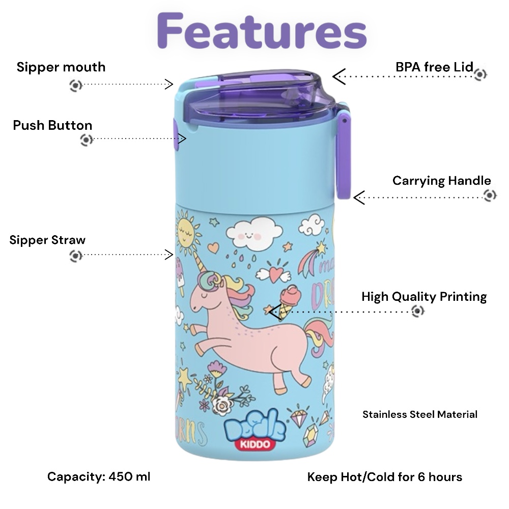 Doodle Kiddo - Stainless Steel Water Bottle - Unicorn - 450ml