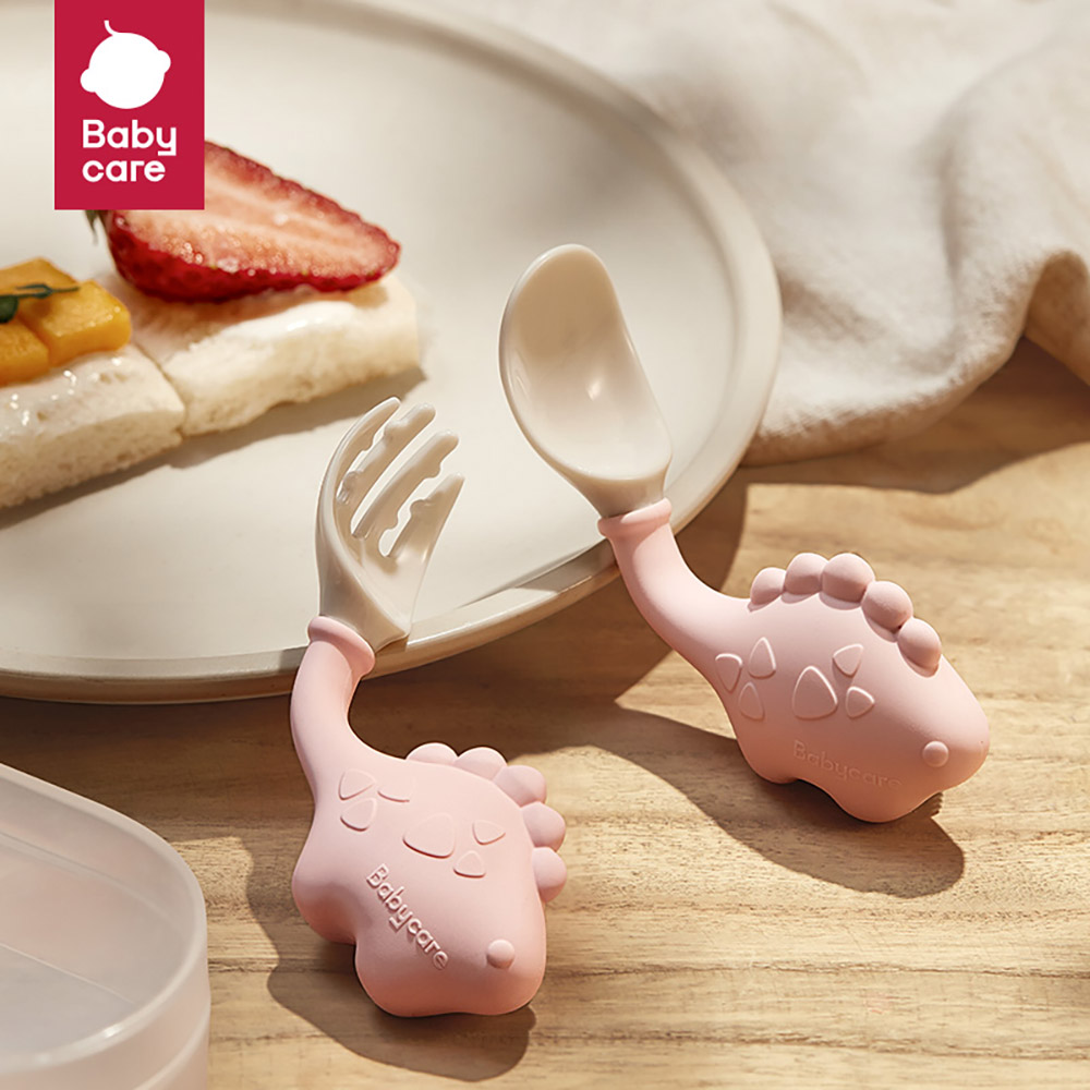 Babycare - Dino Spoon & Fork Set - Stegosaurus Pink