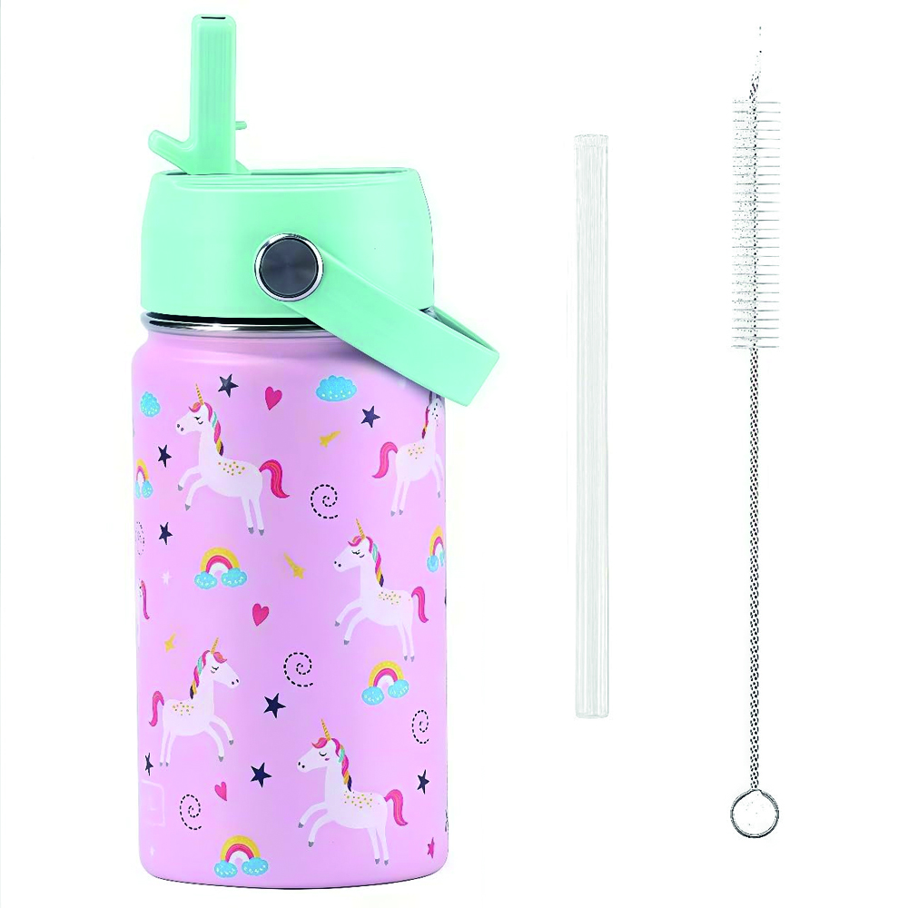 برين جيغلز - زجاجة مياه معزولة للأطفال مع شفاطة ومقبض سعة 350 مل - يونيكورن