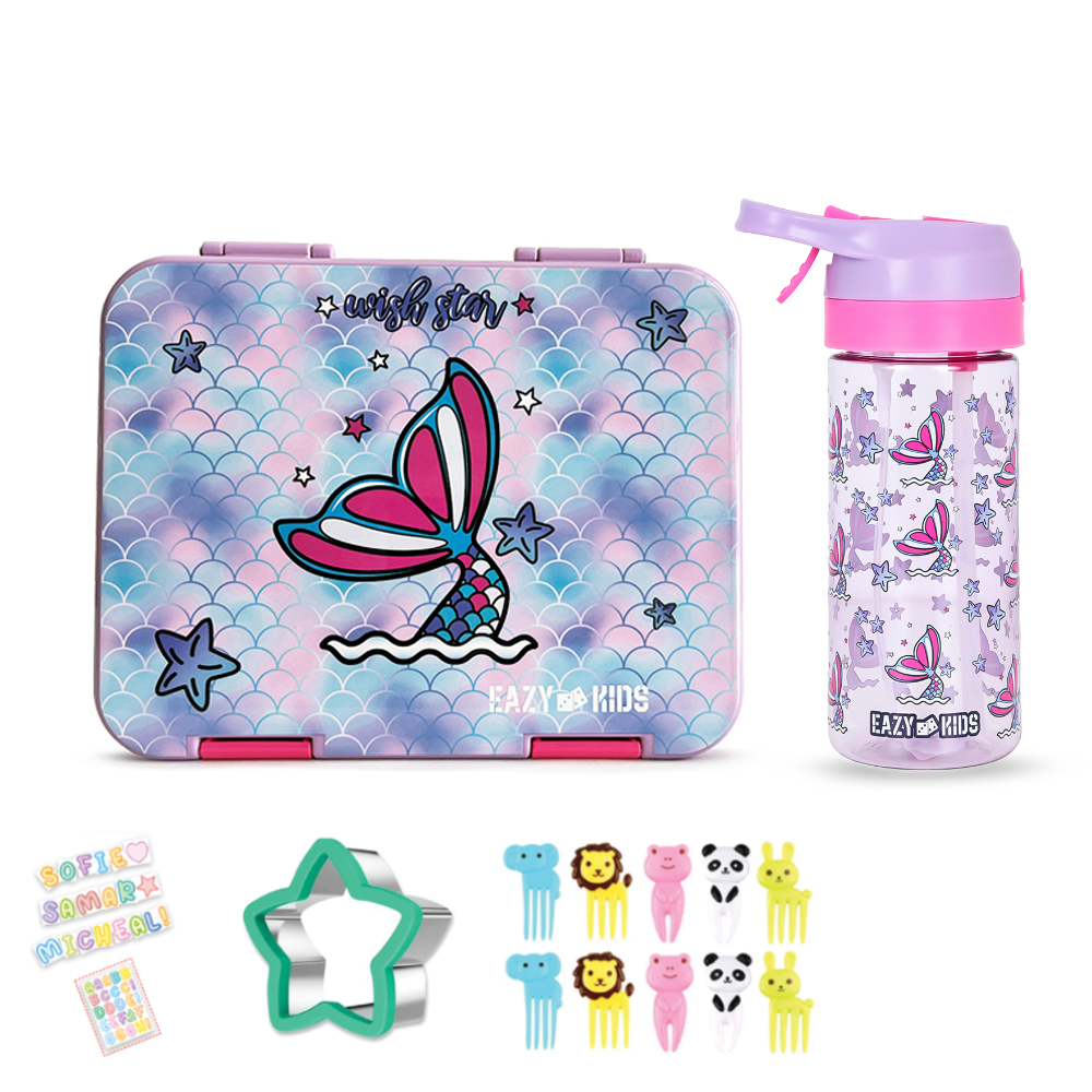 Eazy Kids - Tritan Lunch Box And Water Bottle with Accessory Set - Mermaid