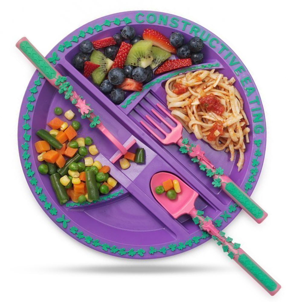 Eazy Kids - Eating Plate With Spoon, Fork And Pusher - Purple