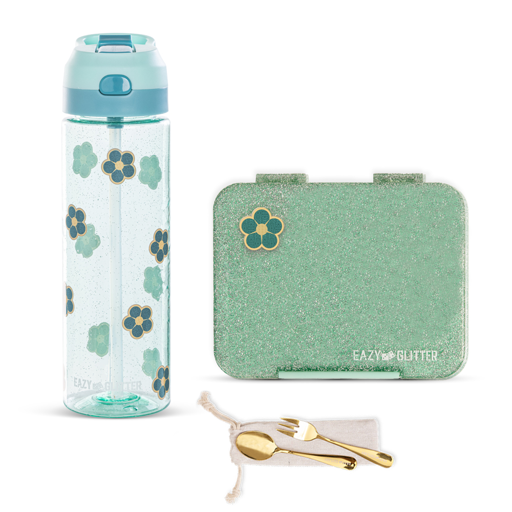 Eazy Kids - Convertible Bento Lunch Box W/ Water Bottle - Glitter Green - 750 ml
