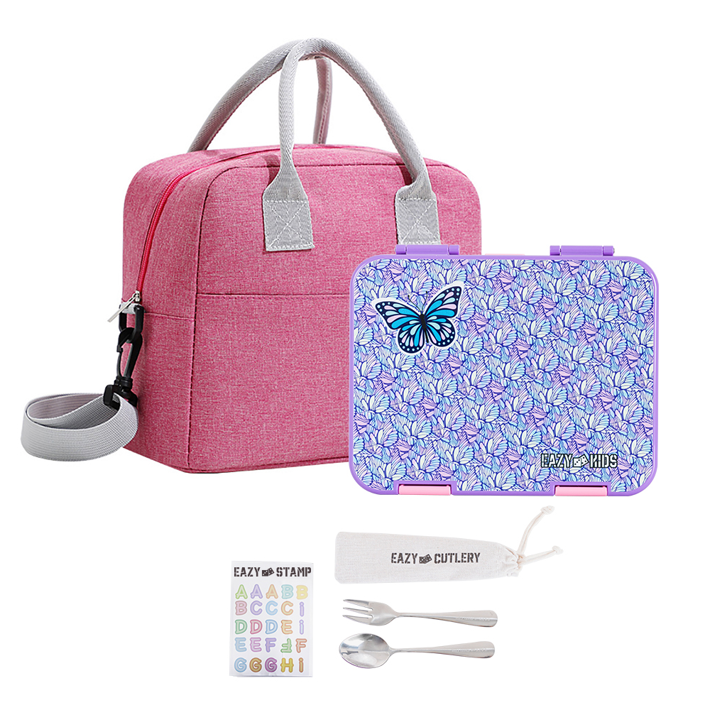 Eazy Kids - Convertible Bento Lunch Box with Lunch Bag, Cutlery & Alphabets Sticker - Butterfly