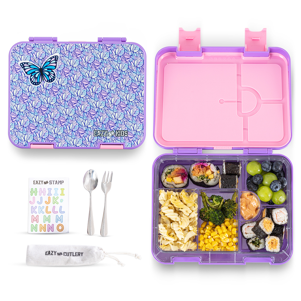 Eazy Kids - Convertible Bento Lunch Box with Lunch Bag, Cutlery & Alphabets Sticker - Butterfly
