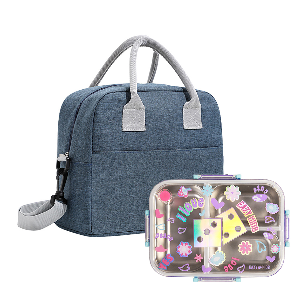 Eazy Kids - Stainless Steel Bento Lunch Box With 3 Compartments & Lunch Bag - Floral
