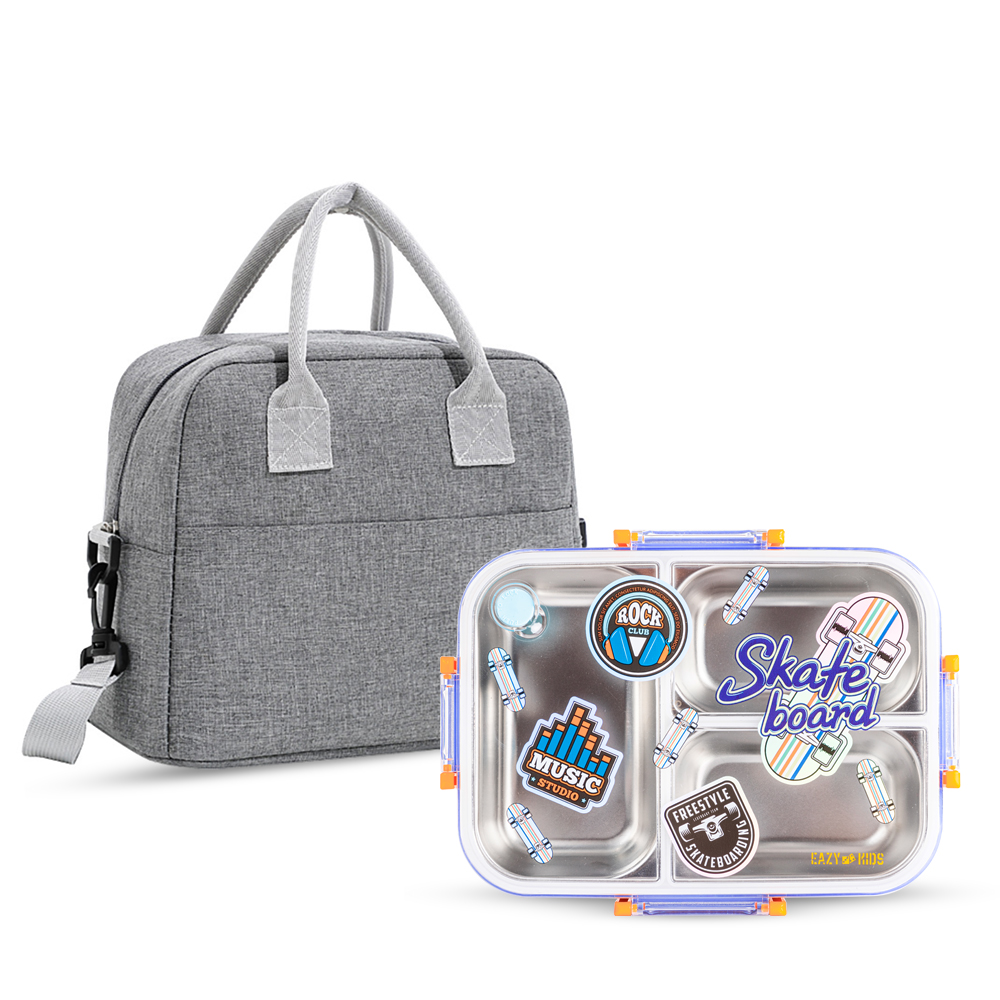 Eazy Kids - Stainless Steel Bento Lunch Box With 3 Compartments & Lunch Bag - Skate Board