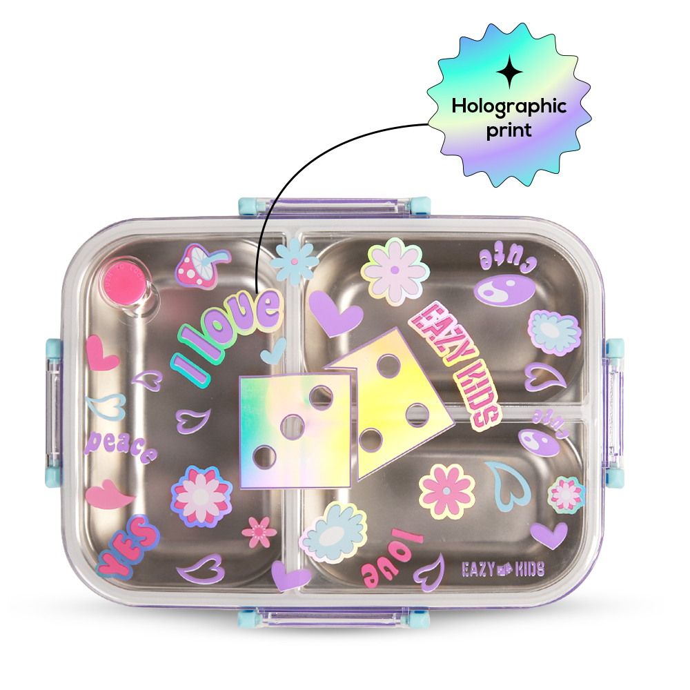 Eazy Kids - 3 Compartment 800ml Stainless Steel Bento Lunch Box with Water Bottle 500ml - Floral Purple