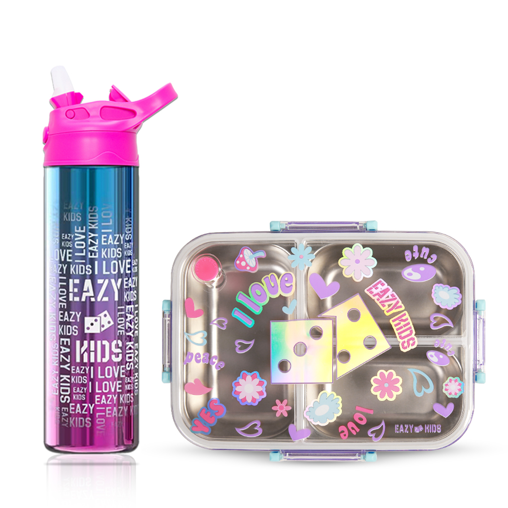 Eazy Kids - 3 Compartment 800ml Stainless Steel Bento Lunch Box with Steel Water Bottle 530ml - Purple
