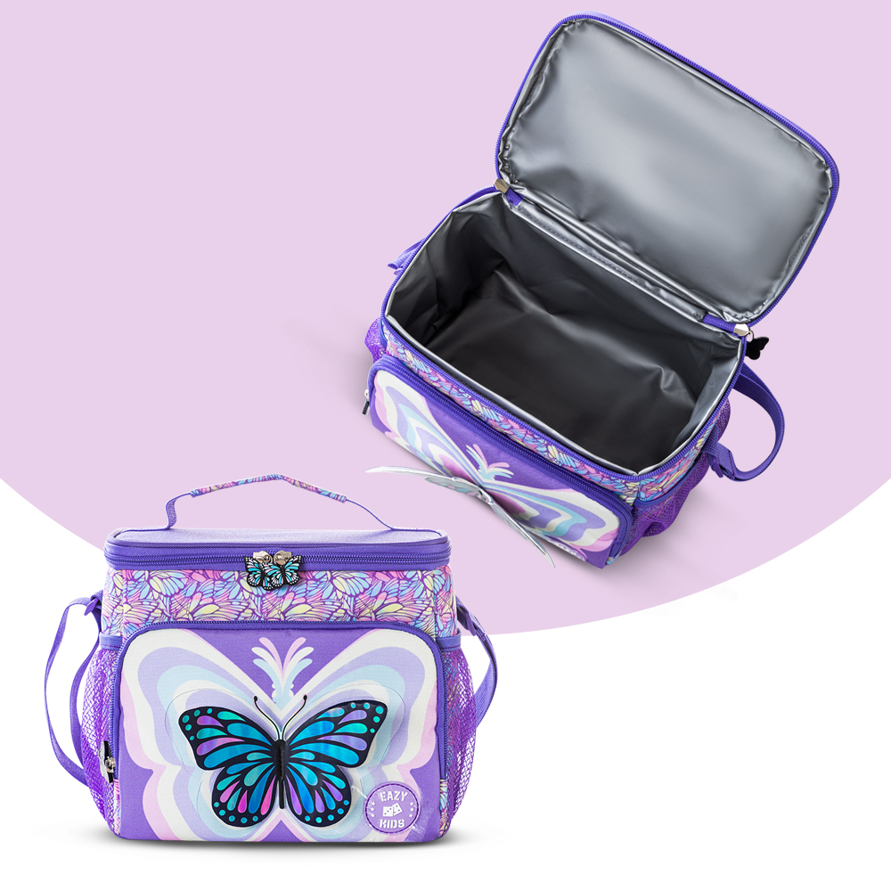 Eazy Kids - Girl's Backpack with Trolley, Pencil Case & Lunch Bag Set - 3D Butterfly Purple