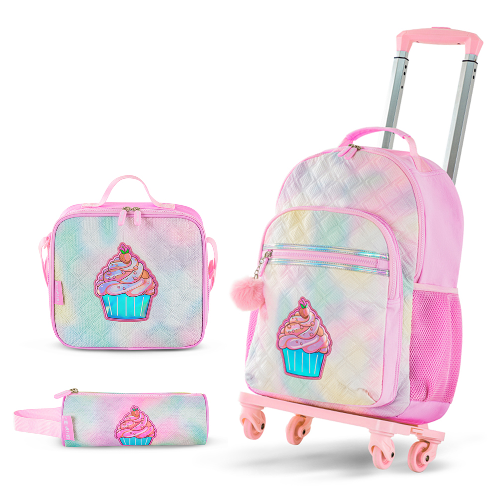 Eazy Kids - Girl's Backpack with Trolley, Pencil Case & Lunch Bag Set - Sugar Pop Pink