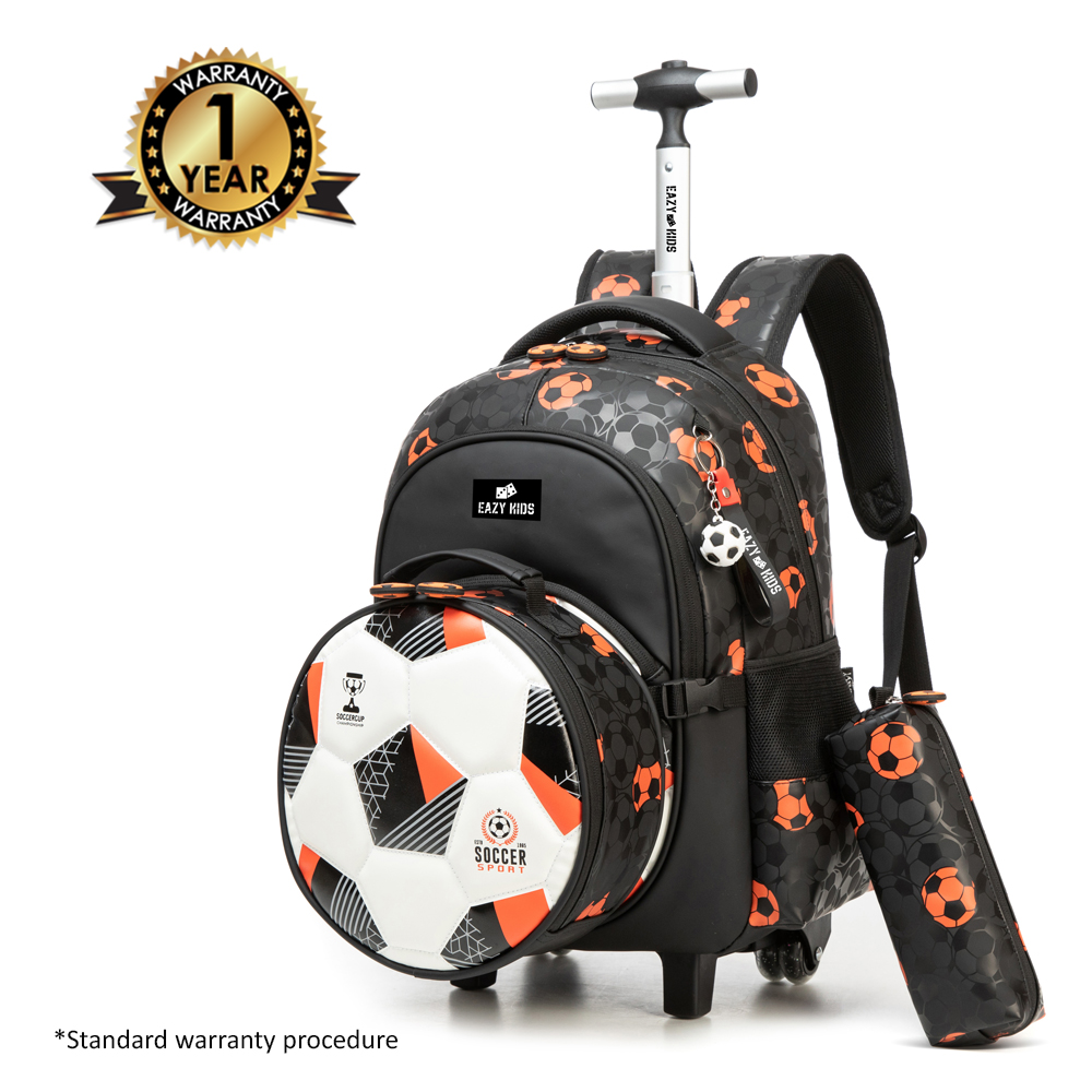 Eazy Kids - Trolley School Bag, Duffle, Lunch Bag & Pencil Case 4pc Set - Football Black - 18-Inch/46cm