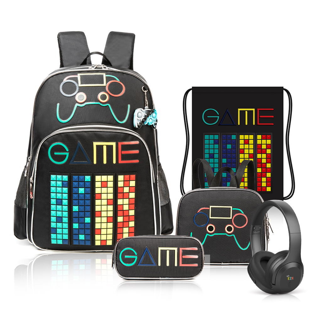 Eazy Kids - Boy's Backpack, Pencil Case, Lunch Bag & Sackpack With Headset Set - Gen Z Gamer - 5 Pcs