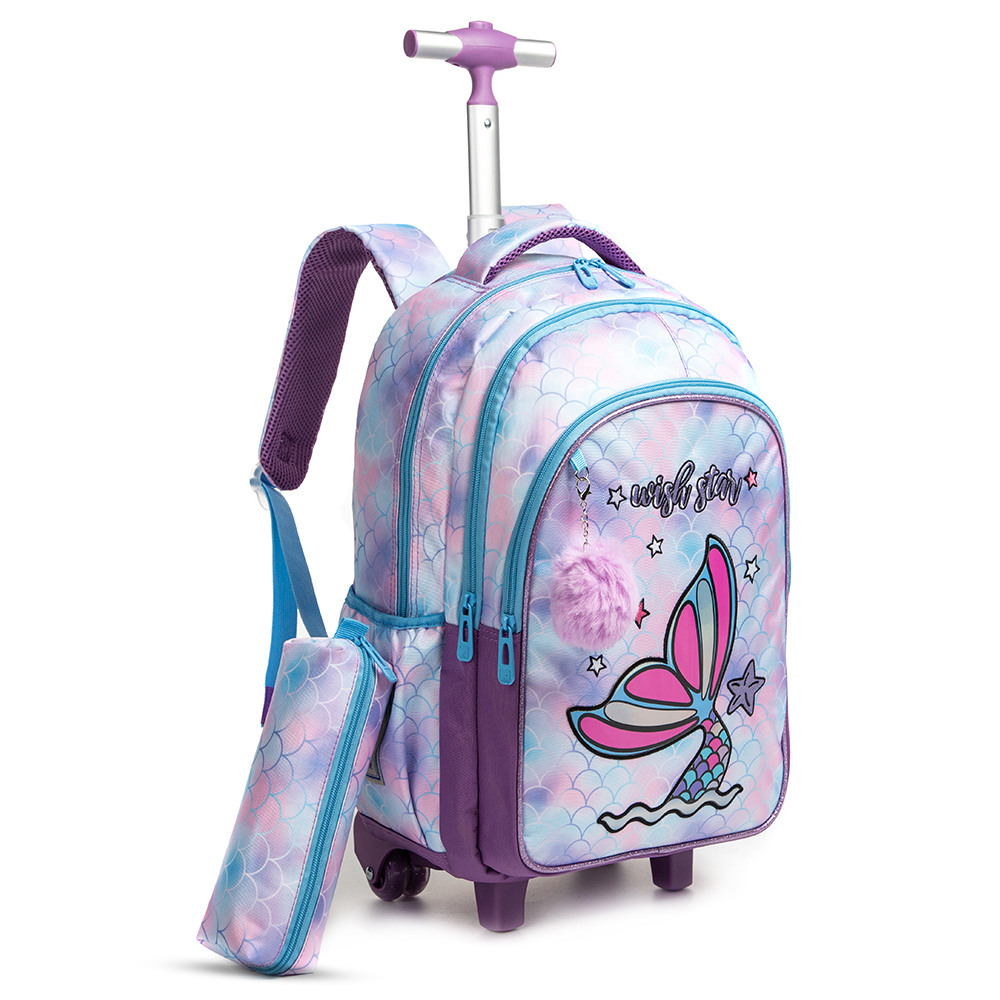 Eazy Kids - School Trolley With Lunch Kit And Pencil Case Set - Mermaid - 4pcs