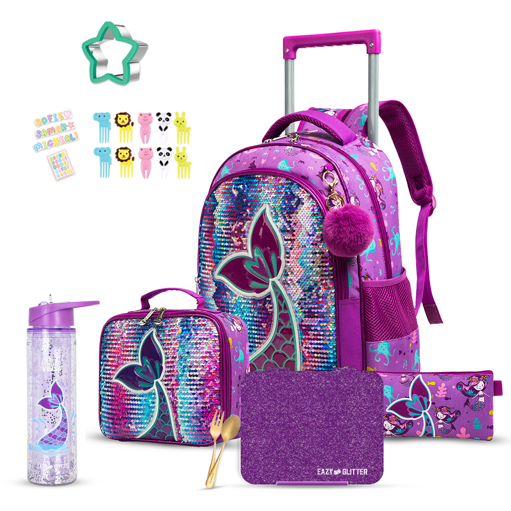 Eazy Kids - Mermaid School Trolley with Lunch Kit And Accessory Set - Glitter Purple