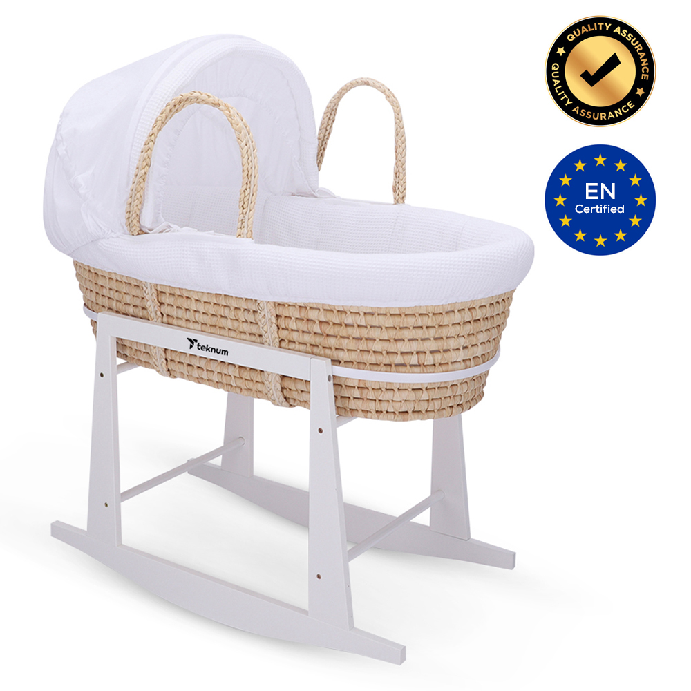Teknum - Moses Basket With Waffle Beddings, Mattress And Rocker Stand - Wooden Brown