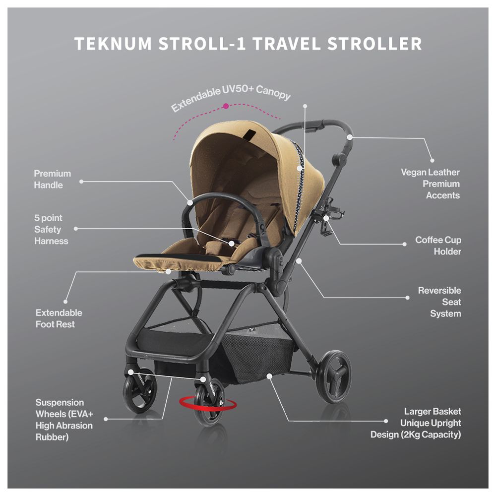 Teknum - Stroll-1 Travel System With Reversible Stroller and Baby Car Seat - Khaki