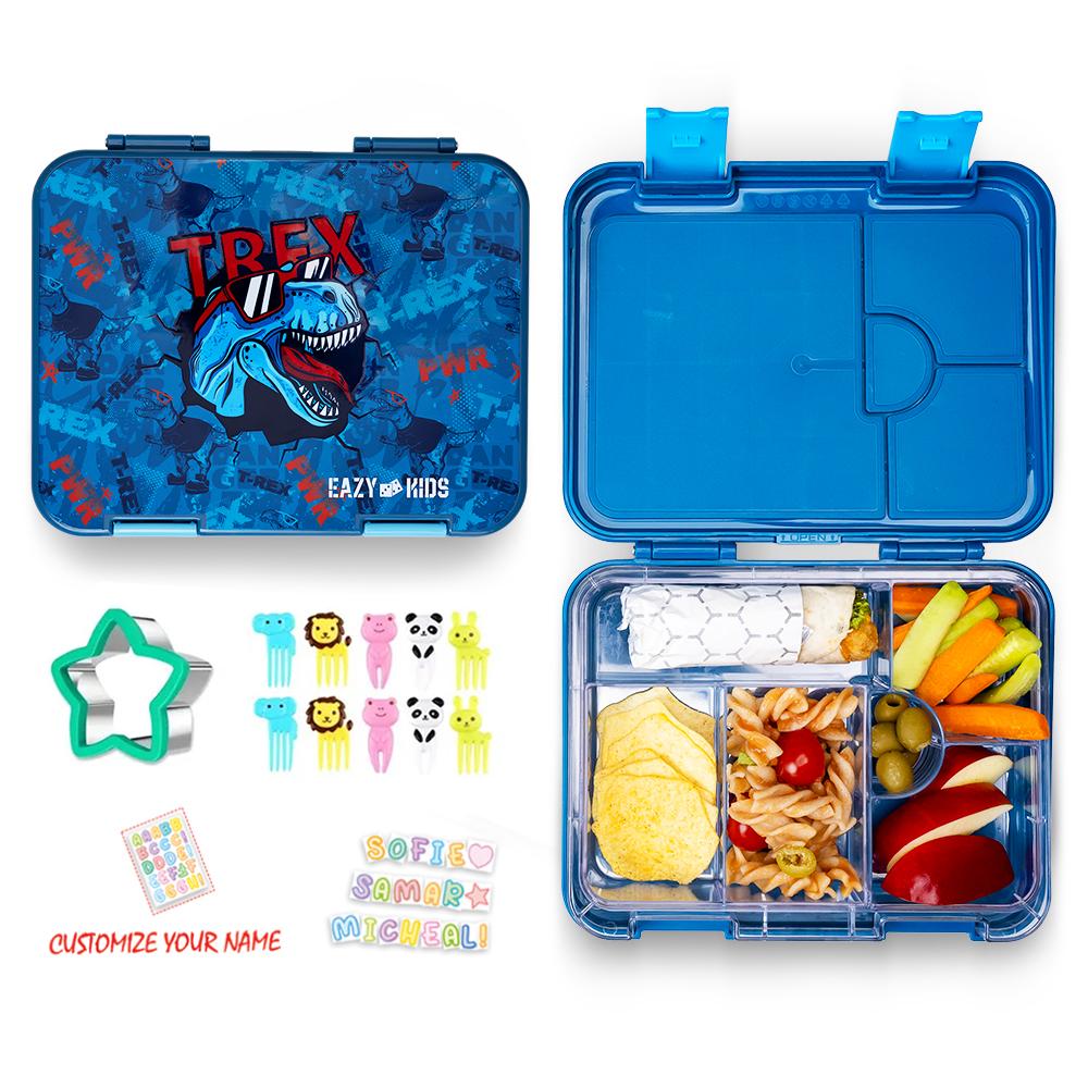 Eazy kids - 6 And 4 Convertible Bento Box With Sandwich Cutter - T-Rex - Blue