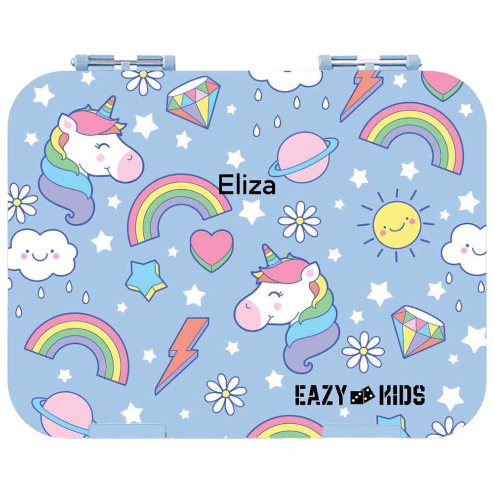 Eazy Kids - Personalized 4-Compartment Bento Lunch Box Set - Unicorn Blue