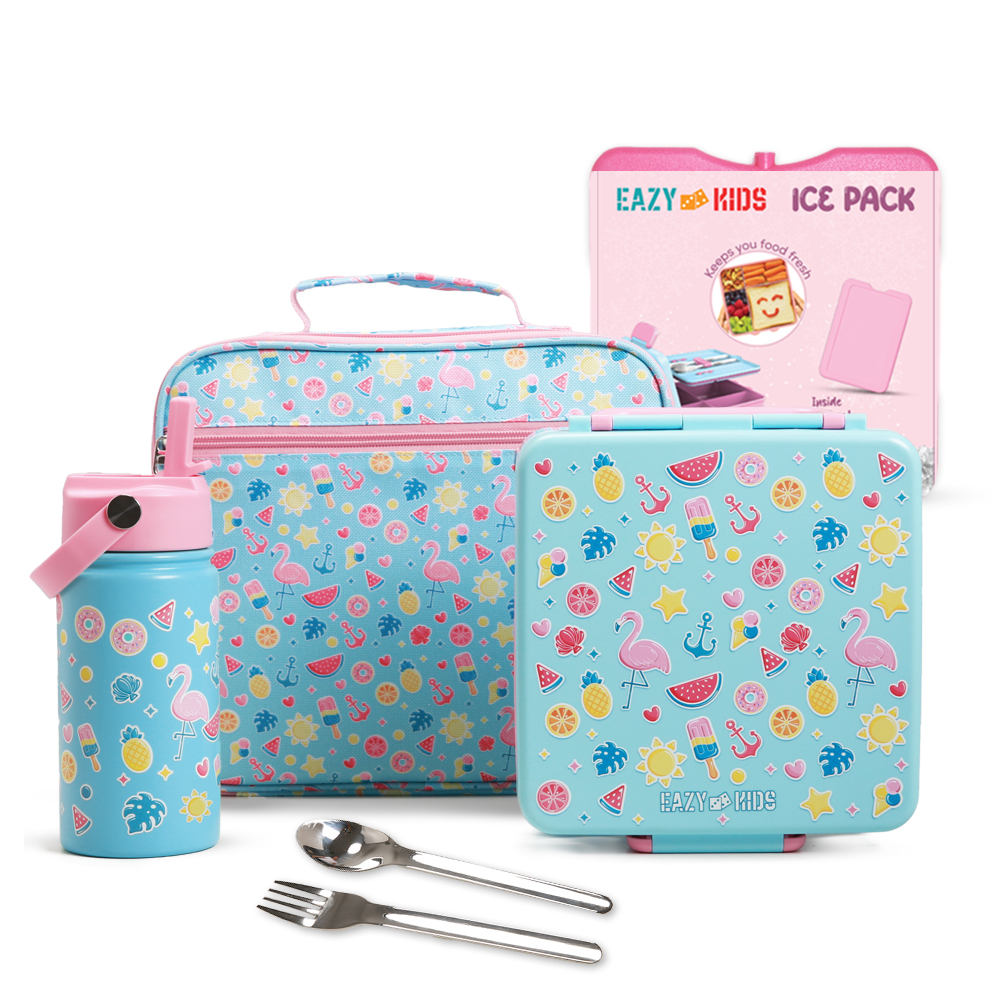 Eazy Kids - Jumbo Bento Lunch Box Set with Insulated Lunch Bag - Flamingo