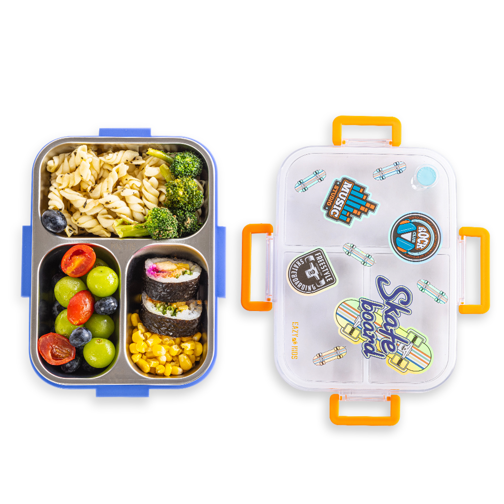 Eazy Kids - 3 Compartment Stainless Steel Bento Lunch Box - 800ml - Skate Board Purple