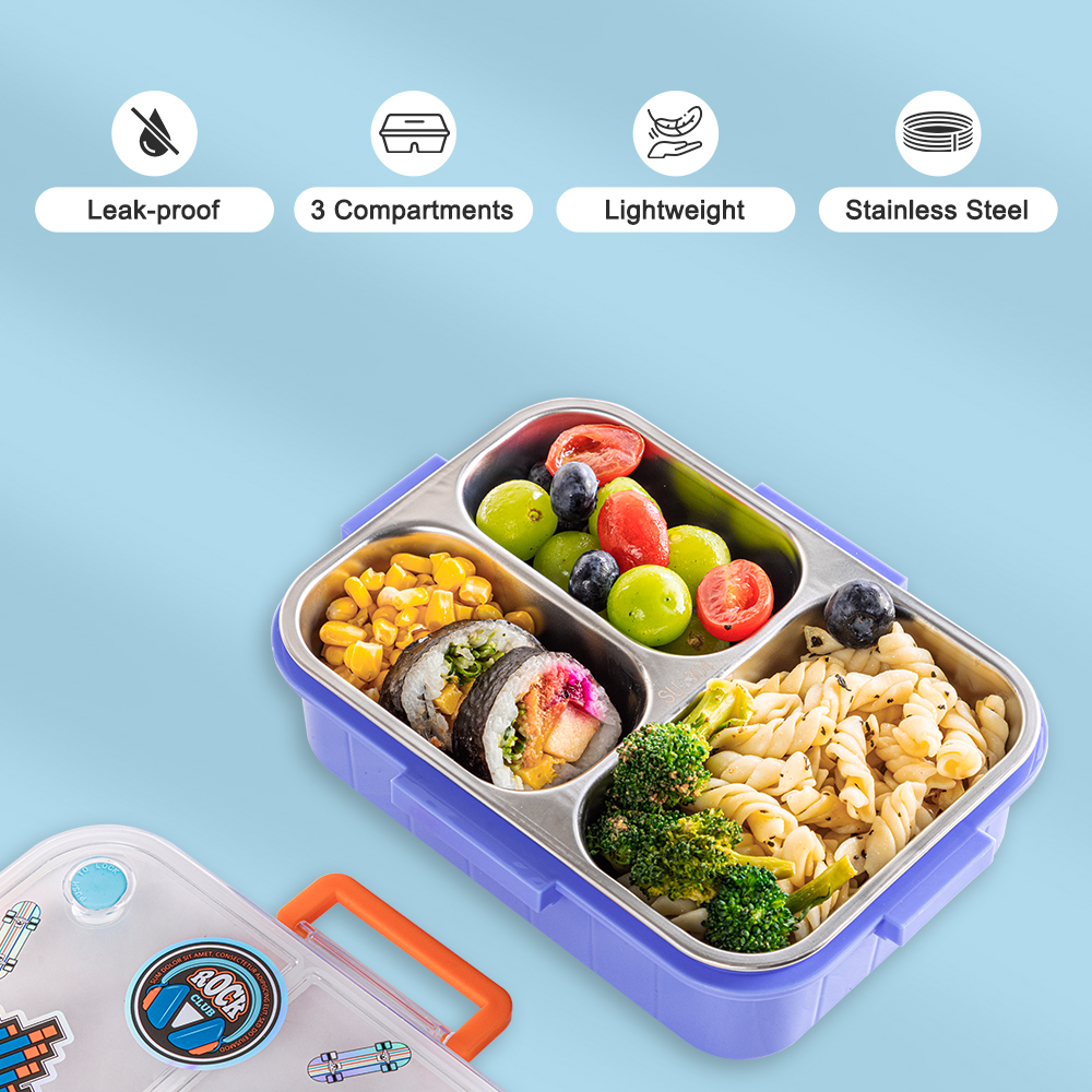 Eazy Kids - 3 Compartment Stainless Steel Bento Lunch Box - 800ml - Skate Board Purple