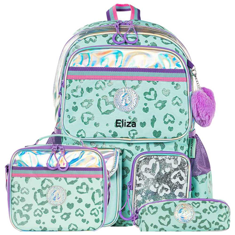 Eazy Kids - Personalized School Bag with Lunch Bag And Pencil Pouch - Love Green