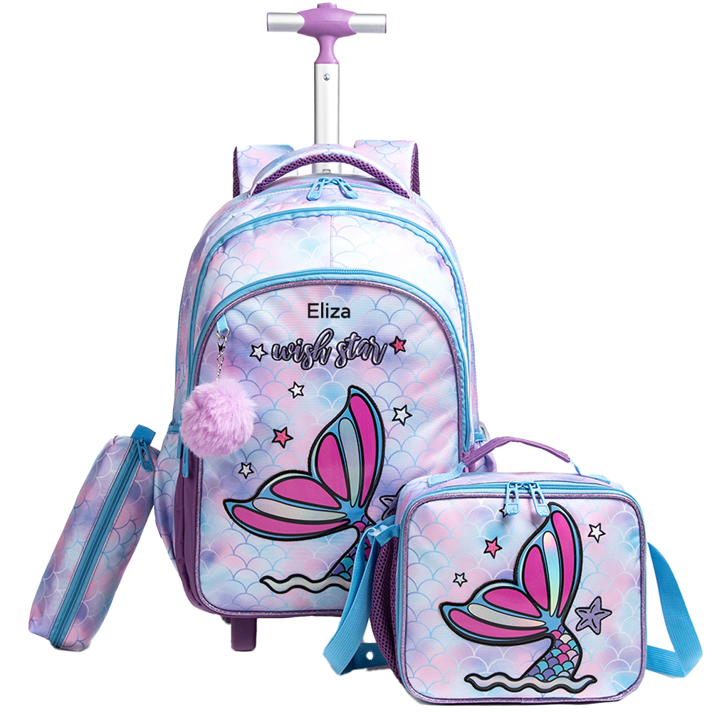 Eazy Kids - Personalized Trolley School Bag With Lunch Bag and Pencil Case - Mermaid - 3 Pcs
