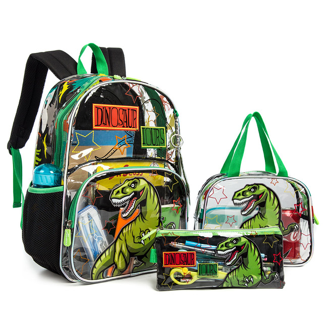 Eazy Kids - School Bag combo Dinosaur - Set of 3 - Black - 17-Inch/43.5cm