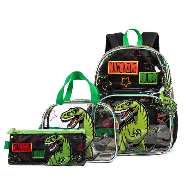 Eazy Kids - School Bag combo Dinosaur - Set of 3 - Black - 17-Inch/43.5cm