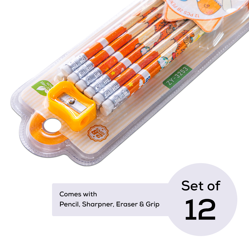 Eazy Kids - 2B Pencils with Eraser & Sharpener 12pc Set - Orange