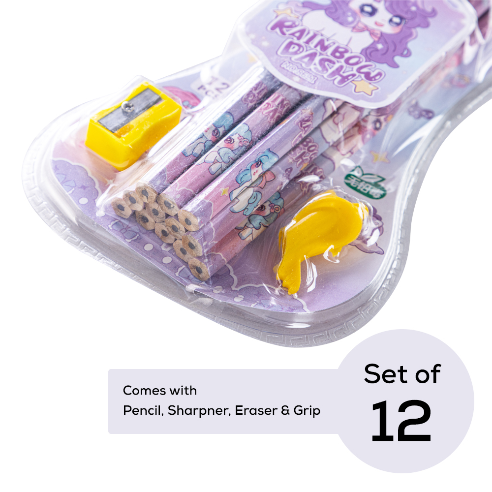 Eazy Kids - HB Pencil With Eraser & Grip 12pc Set - Purple
